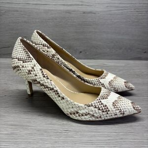Franco Sarto Cream and Brown Snakeskin Pointed-Toe Heels